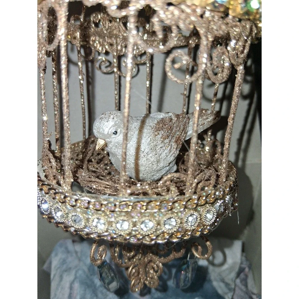 Jeweled Birdcage Christmas Ornament White Bird Rhinestone Prisms 7